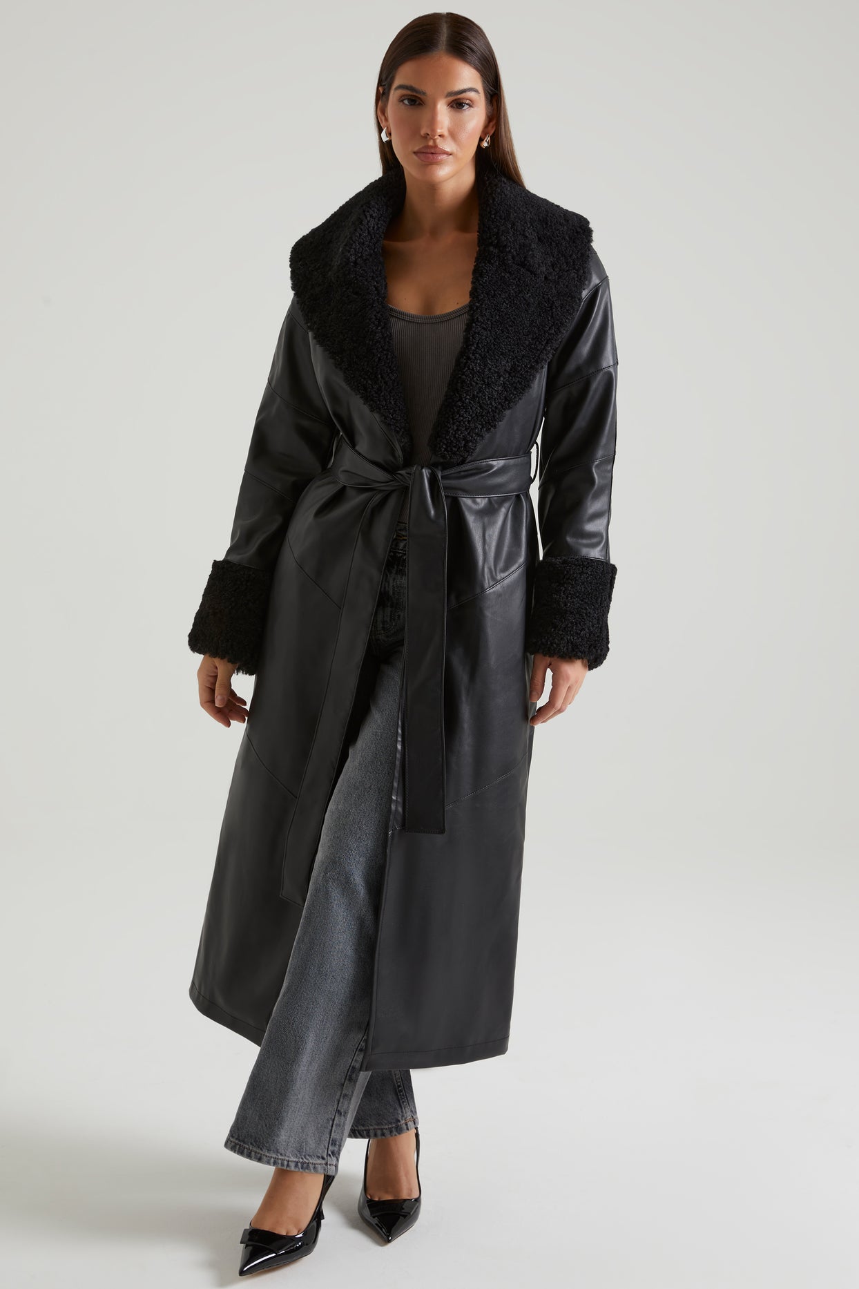 Lumi Tie Up Coat with Shearling Collar and Cuff in Black | Oh Polly
