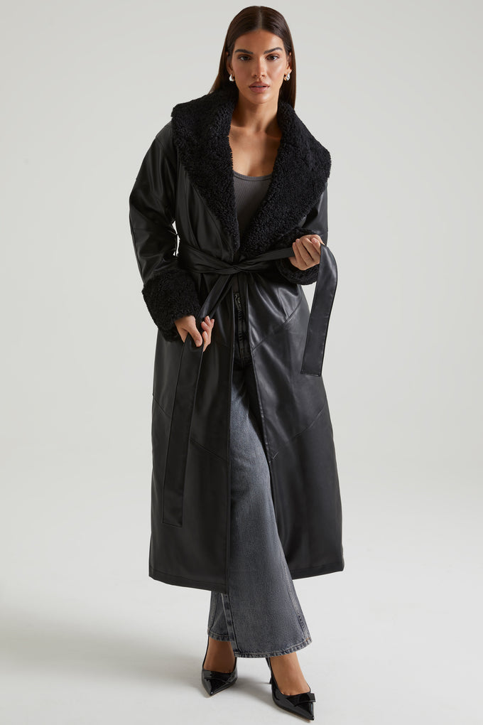 Tie Up Coat with Shearling Collar and Cuffs in Black