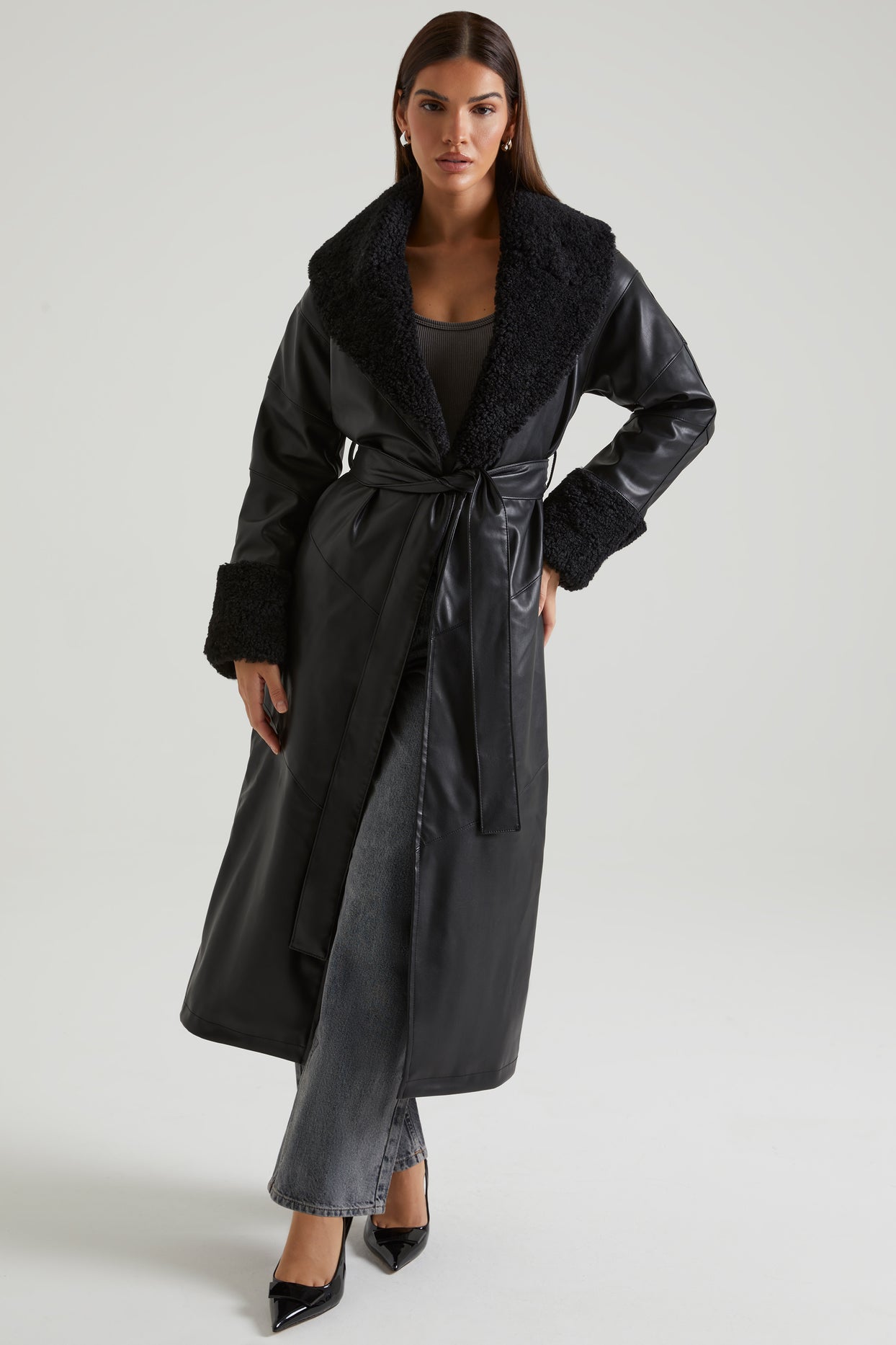 Lumi Tie Up Coat with Shearling Collar and Cuff in Black | Oh Polly