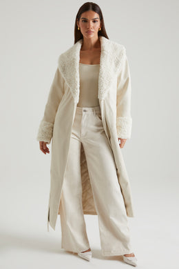 Tie Up Coat with Shearling Collar and Cuffs in Cream