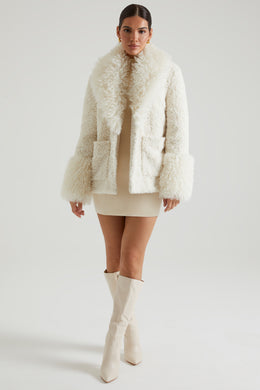 Shearling Coat with Large Front Pockets in Cream