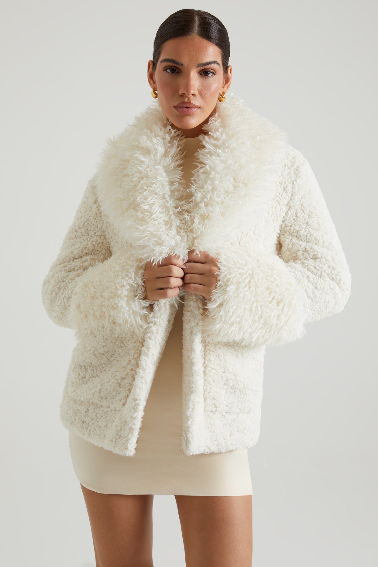Wynter Shearling Coat with Large Front Pockets in Cream | Oh Polly