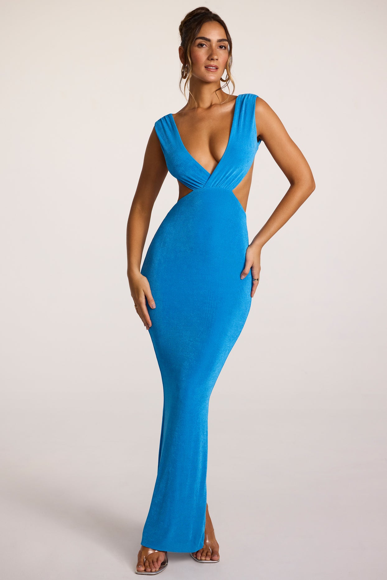 Heloisa Textured Jersey Open Back Plunge Neck Maxi Dress in Cobalt Blue ...