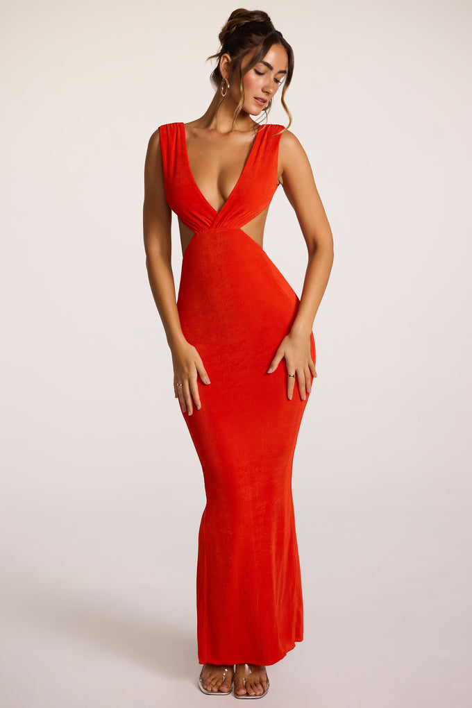Textured Jersey Plunge Neck Maxi Dress in Fiery Red