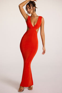 Textured Jersey Plunge Neck Maxi Dress in Fiery Red