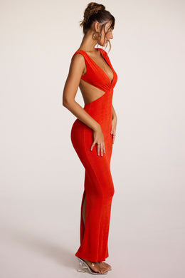 Sukienka maxi z teksturowanego dżerseju i głębokim dekoltem w ognistej czerwieni