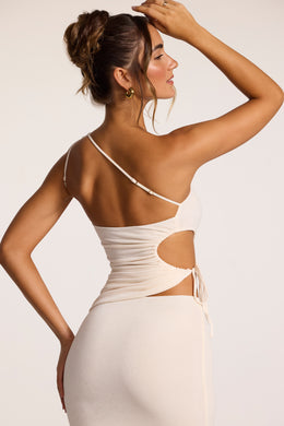 Textured Jersey Ruched Cut-Out One Shoulder Top in Ivory