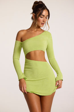 Textured Jersey Asymmetric Cut Out Mini Dress in Lime