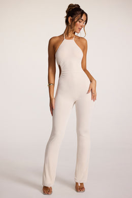 Textured Jersey Halter Neck Ruched Cut Out Jumpsuit in Ivory