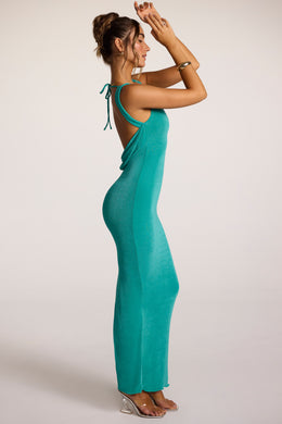 Sukienka maxi z teksturowanego dżerseju, z kwadratowym dekoltem i odkrytymi plecami w kolorze turkusowym