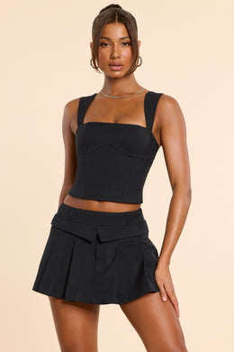 Brushed Twill Mid Rise Pleated Micro Mini Skirt in Black