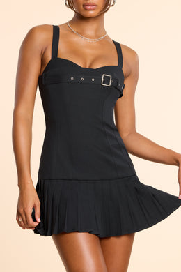 Brushed Twill Drop Waist Kilt Mini Dress in Black