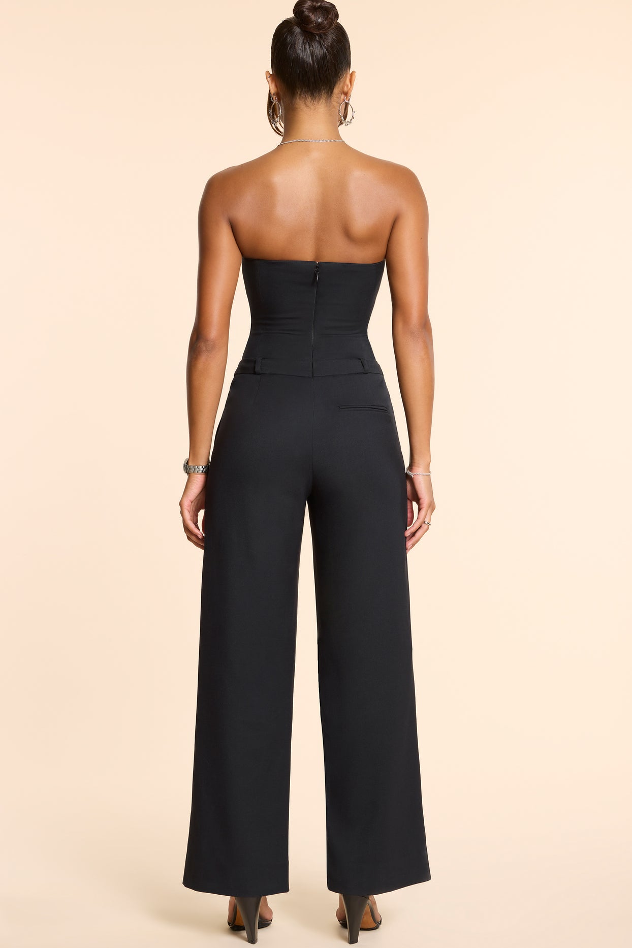 Goldie Petite Woven Wool Bandeau Corset Jumpsuit in Black | Oh Polly