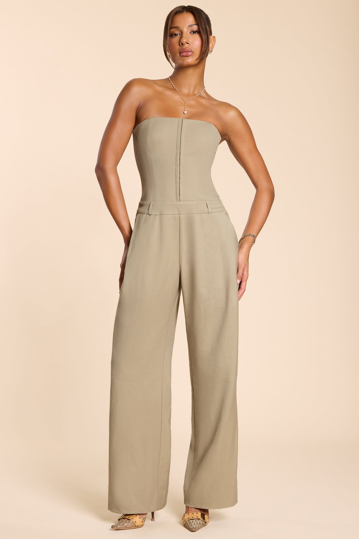 Petite Brushed Twill Bandeau Corset Jumpsuit in Taupe