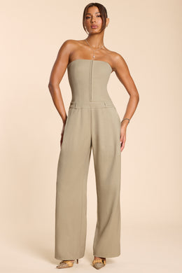Brushed Twill Bandeau Corset Jumpsuit in Taupe