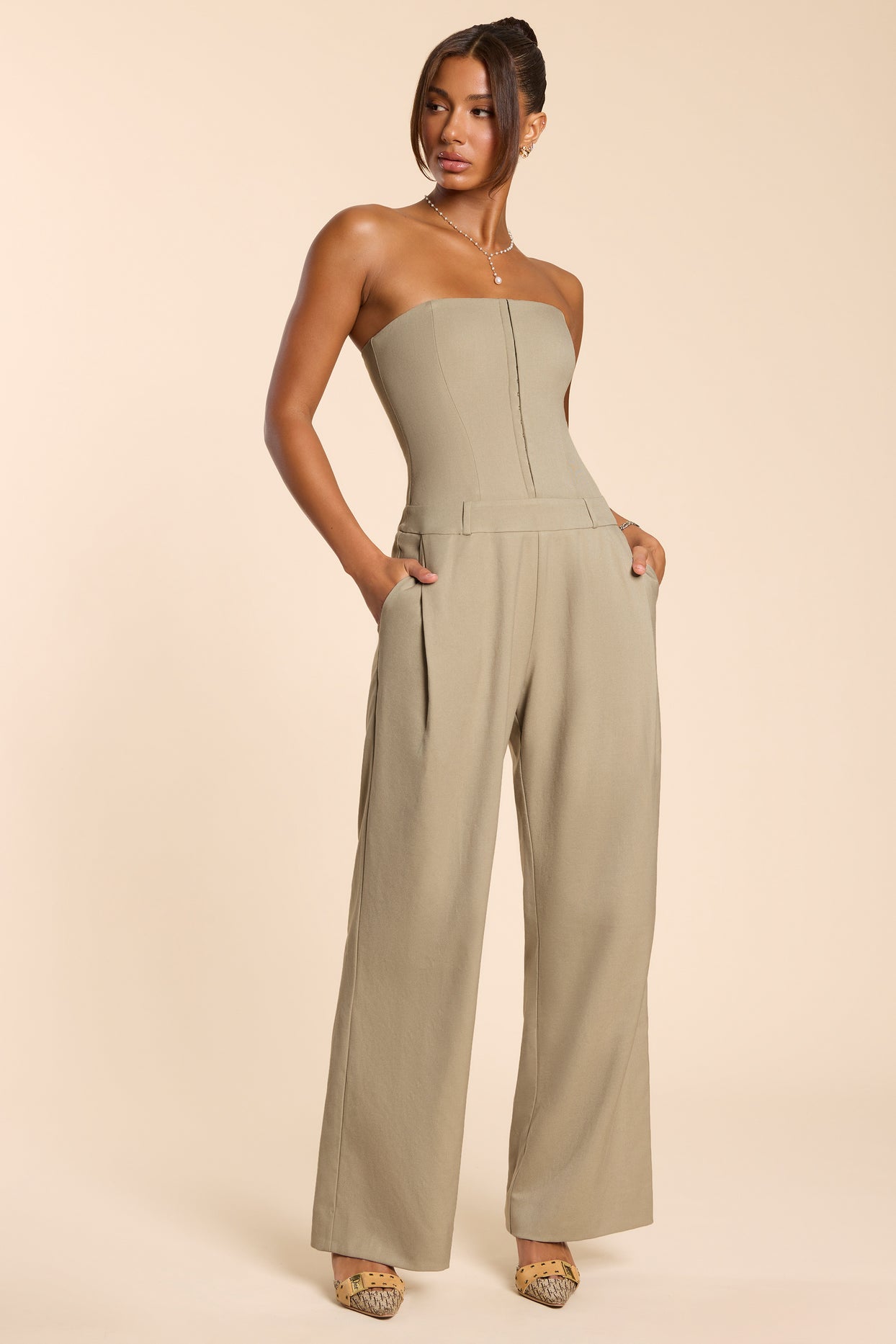Petite Brushed Twill Bandeau Corset Jumpsuit in Taupe