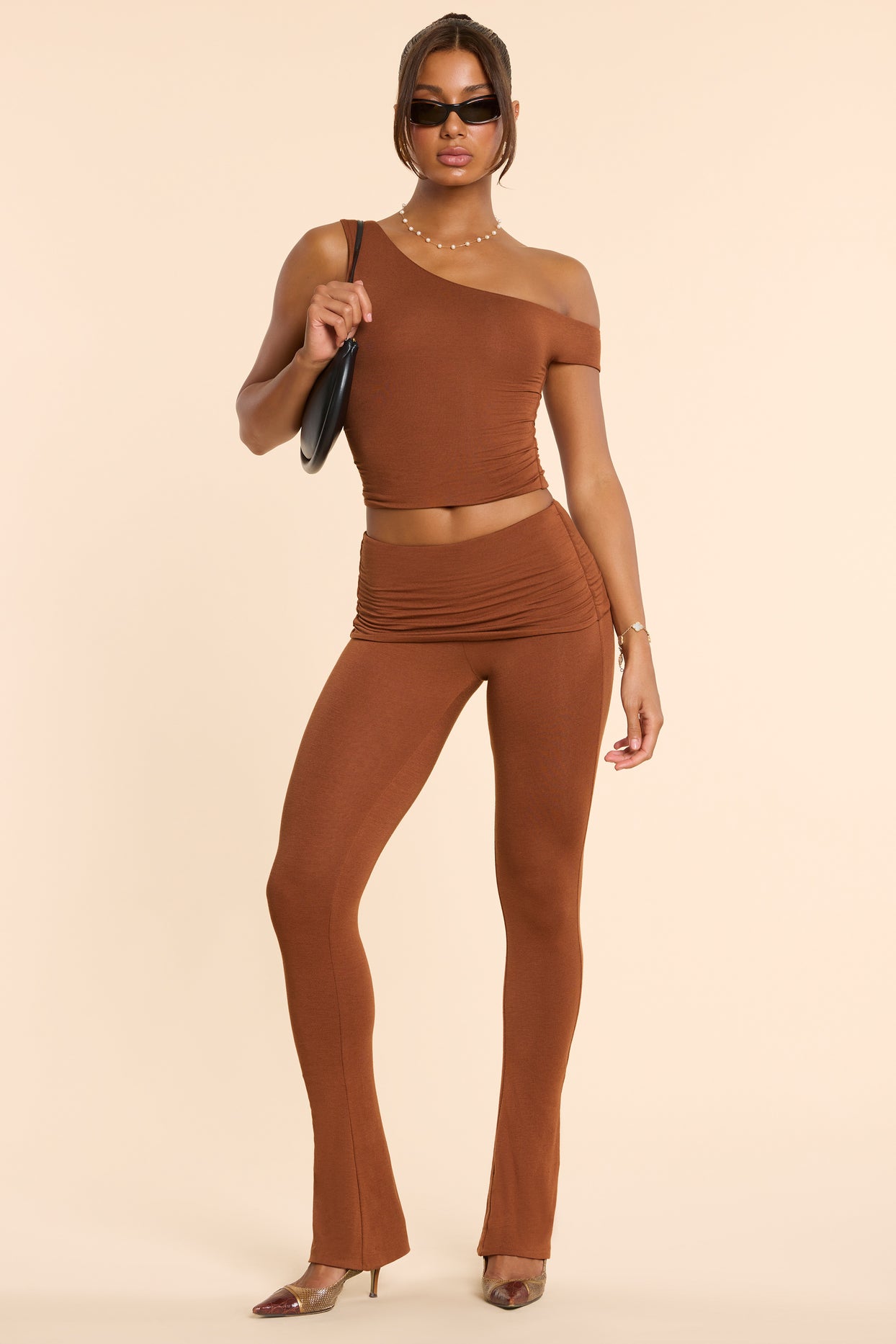 Tall Mid Rise Modal Cashmere Blend Trousers in Chestnut Brown
