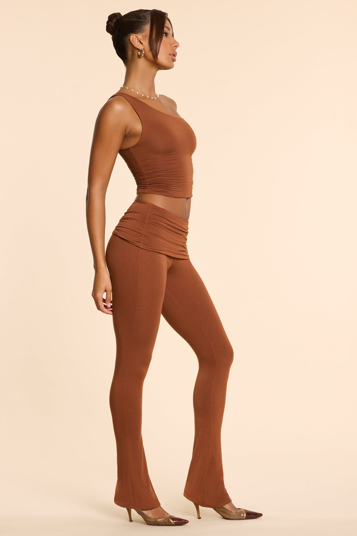 Petite Mid Rise Modal Cashmere Blend Trousers in Chestnut Brown