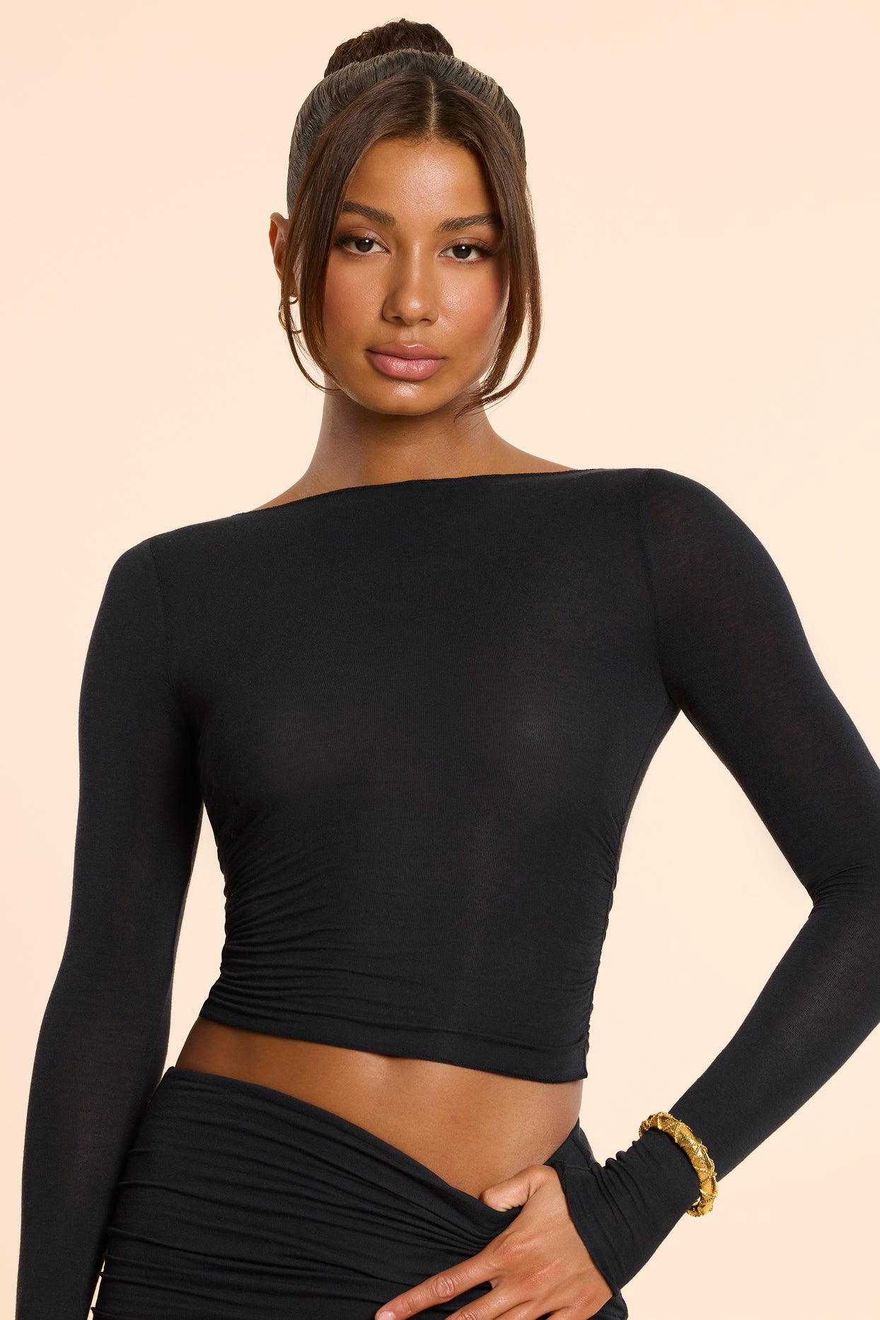 Long Sleeve Straight Neck Ruched Modal Cashmere Blend Top in Black