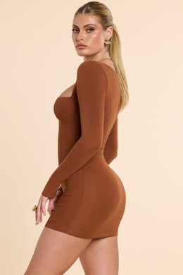Long Sleeve Ruched Modal Cashmere Blend Mini Dress in Chestnut Brown