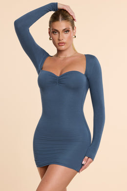 Long Sleeve Ruched Modal Cashmere Blend Mini Dress in French Navy