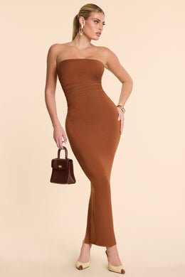 Strapless Ruched Modal Cashmere Blend Maxi Dress in Chestnut Brown