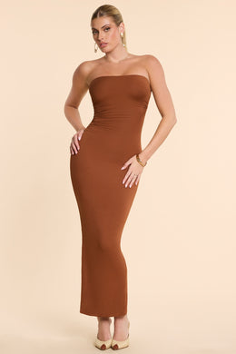 Strapless Ruched Modal Cashmere Blend Maxi Dress in Chestnut Brown