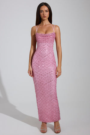 embellished cowl neck maxi dress in blush Embellished Cowl-Neck Maxi Dress in Pink