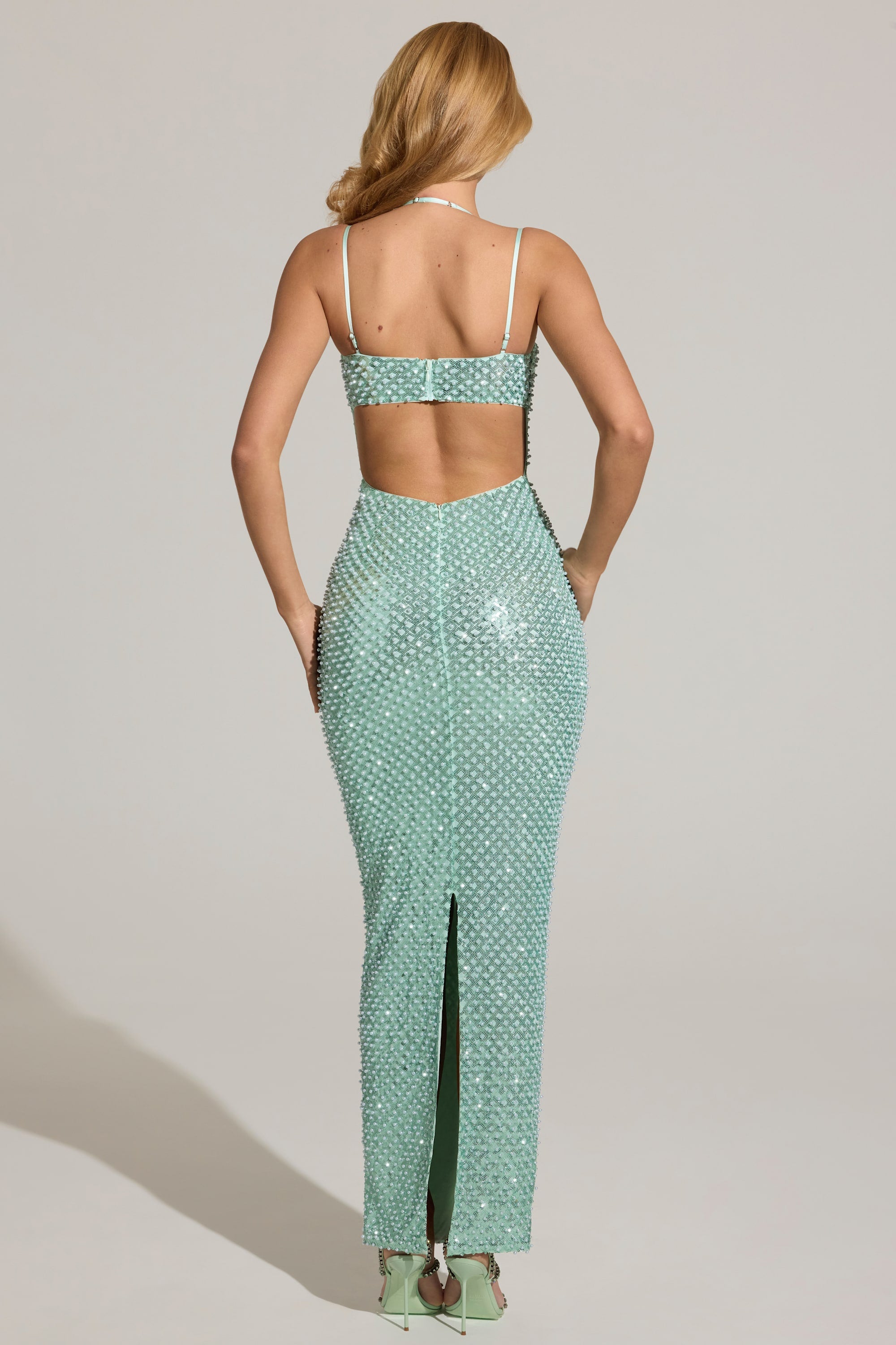 Embellished Cowl-Neck Maxi Dress in Aqua Blue