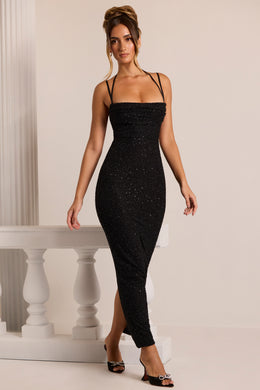 Ozdobna sukienka maxi bez ramiączek z dekoltem w kolorze czarnym