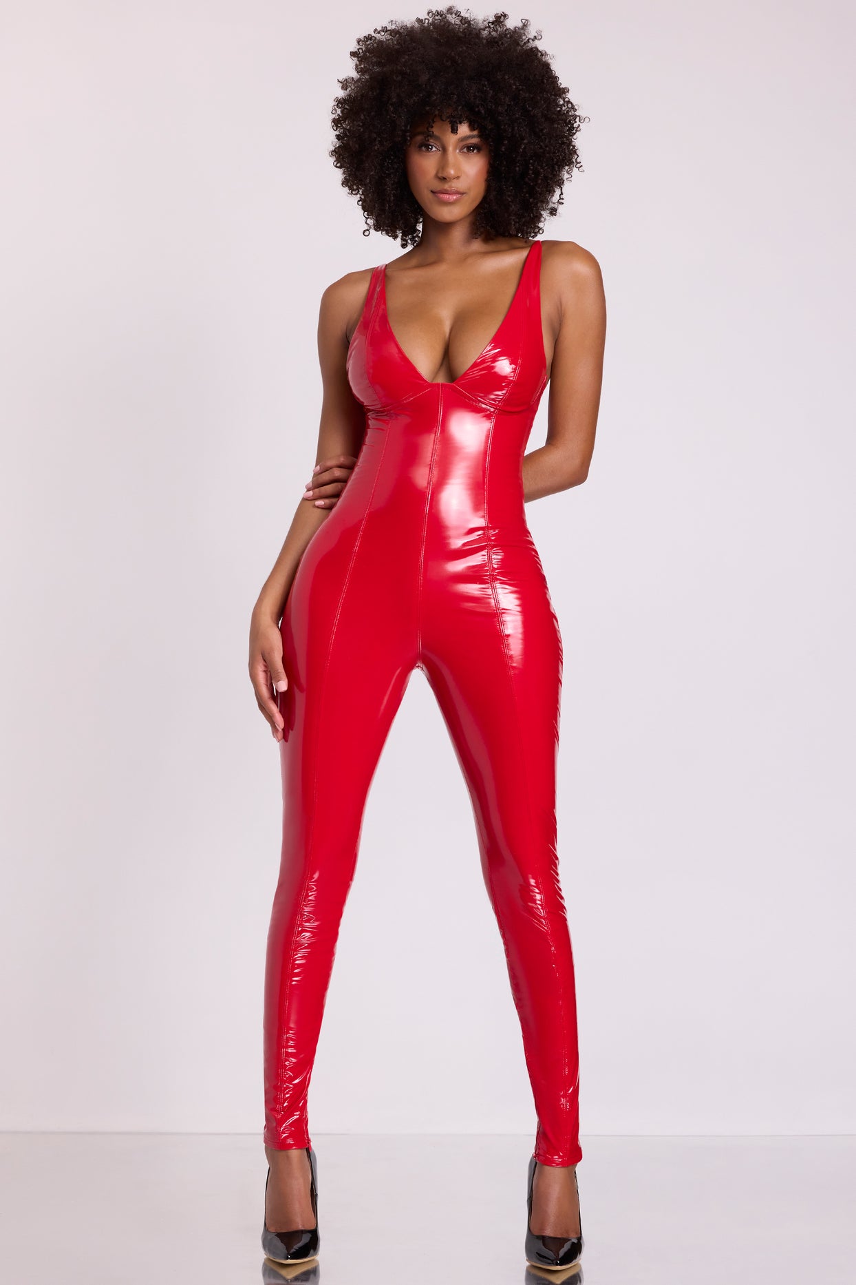 Vinyl Plunge Neck Catsuit in Fire Red - 9