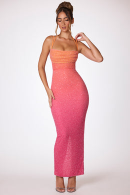 Embellished Maxi Dress in Red and Orange Ombré