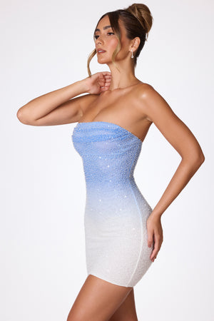 Embellished Strapless Mini Dress in Blue and White Ombré