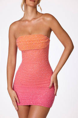 Ozdobna sukienka mini bez ramiączek w kolorze czerwono-pomarańczowym Ombré
