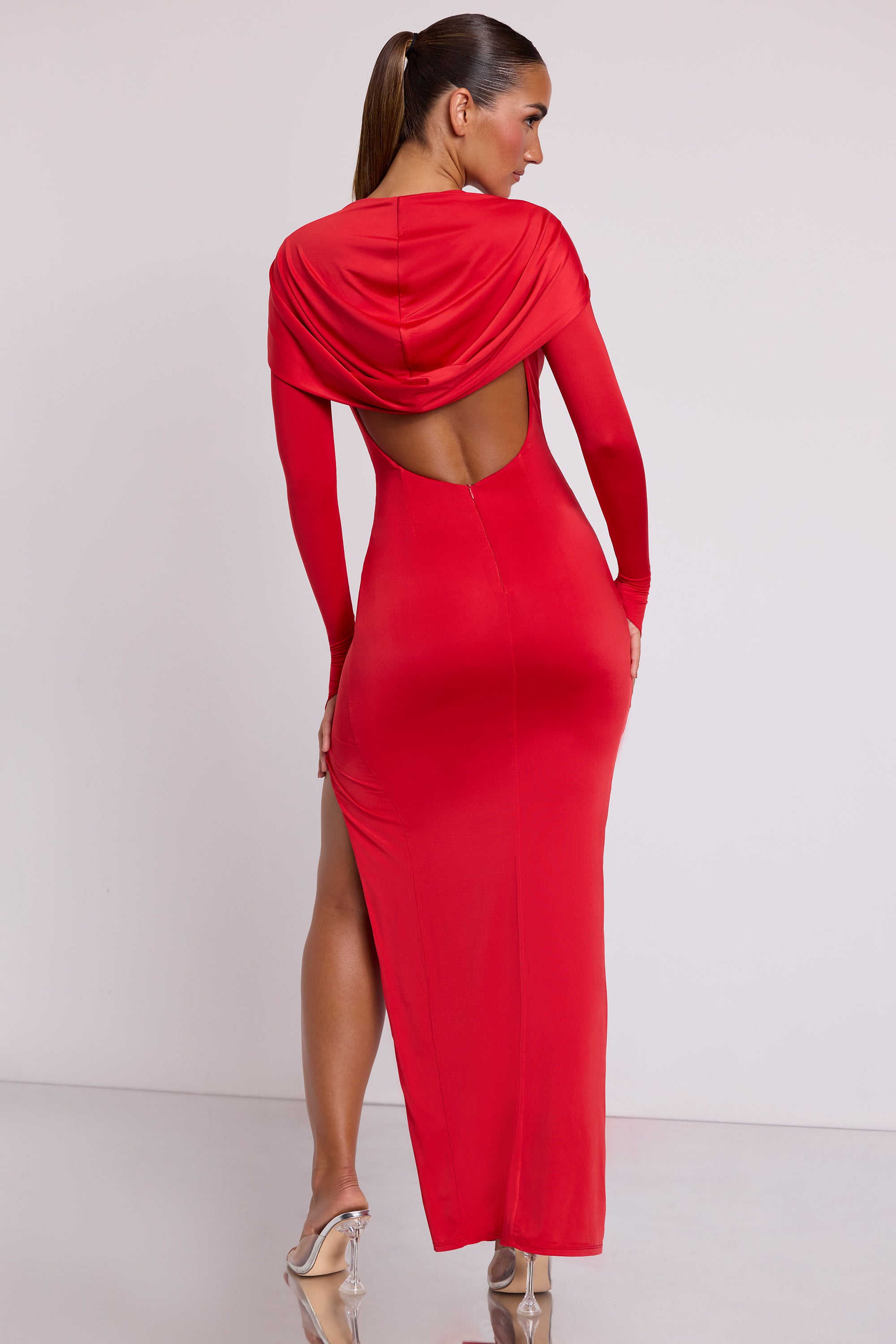 red hooded dress Saturated deep liquid chiffon with thigh high slit an Embellished crystal backless midi dress for a glamorous and daring statement Medieval Style Dress with Hood