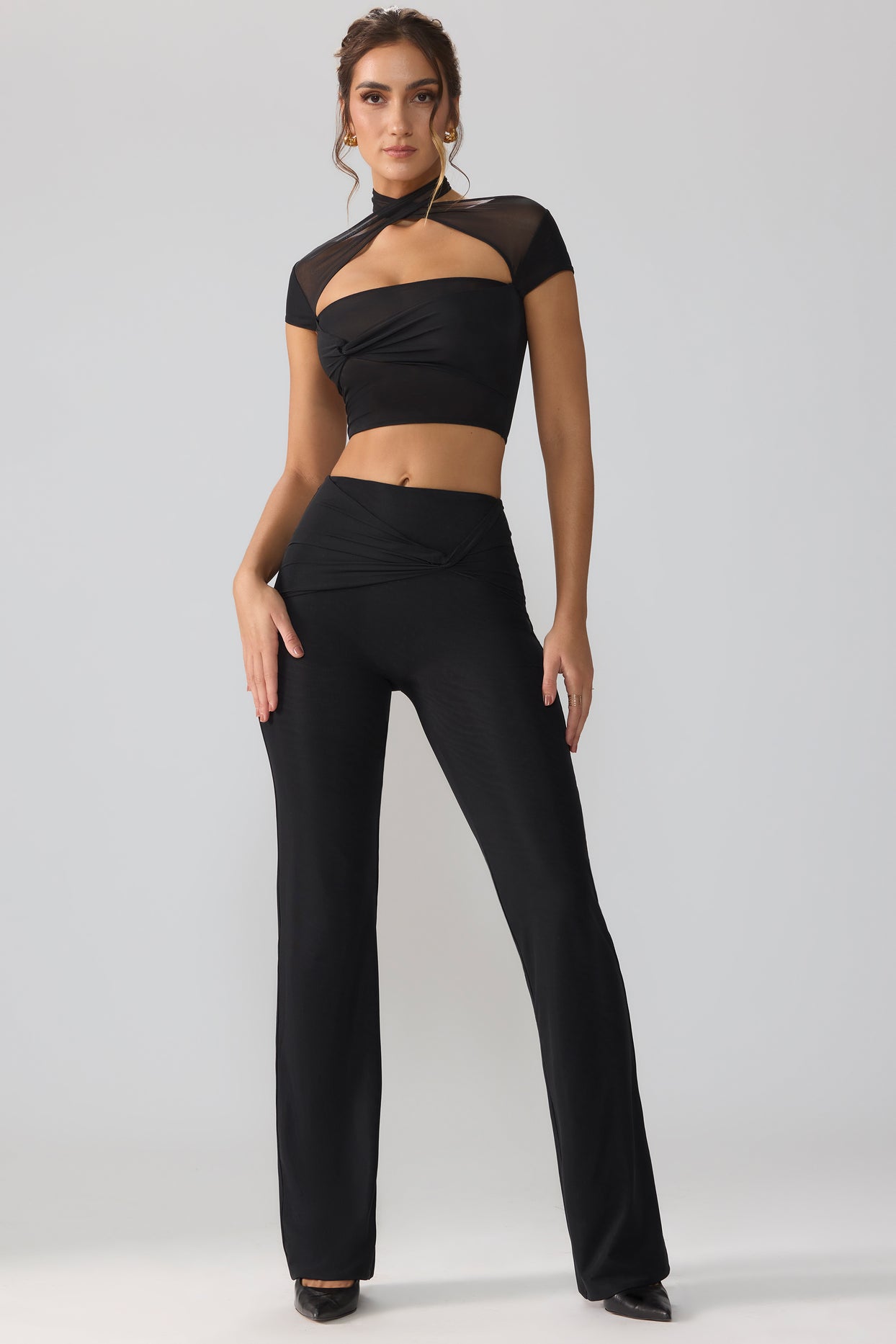 Ridley Tall Mesh Mid Rise Twist Overlay Flare Trousers in Black | Oh Polly