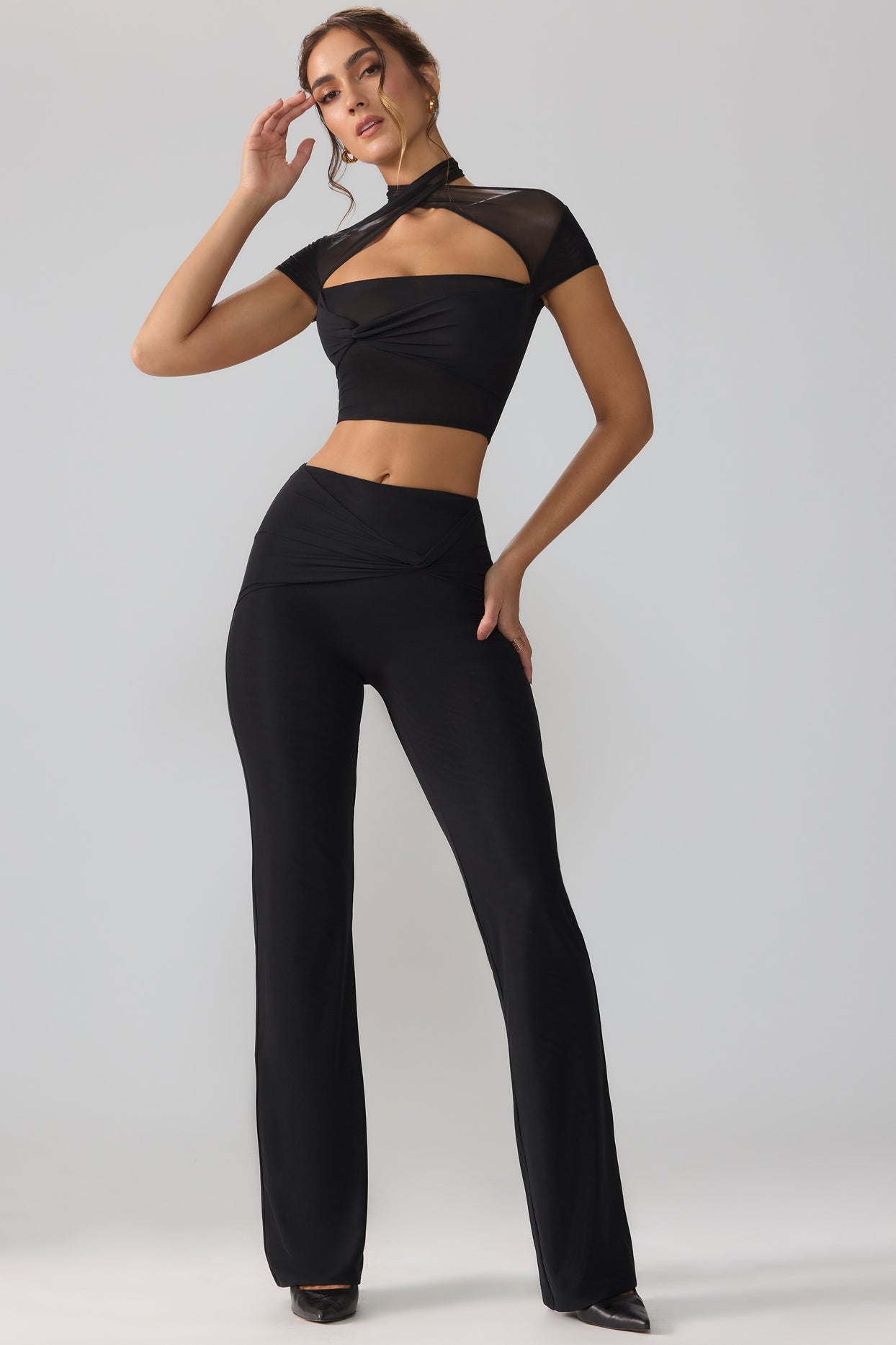 Ridley Tall Mesh Mid Rise Twist Overlay Flare Trousers in Black