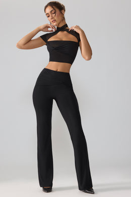 Mesh Mid Rise Twist Overlay Flare Trousers in Black
