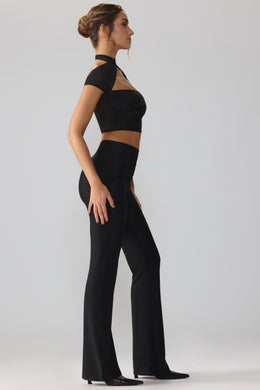 Tall Mesh Mid Rise Twist Overlay Flare Trousers in Black