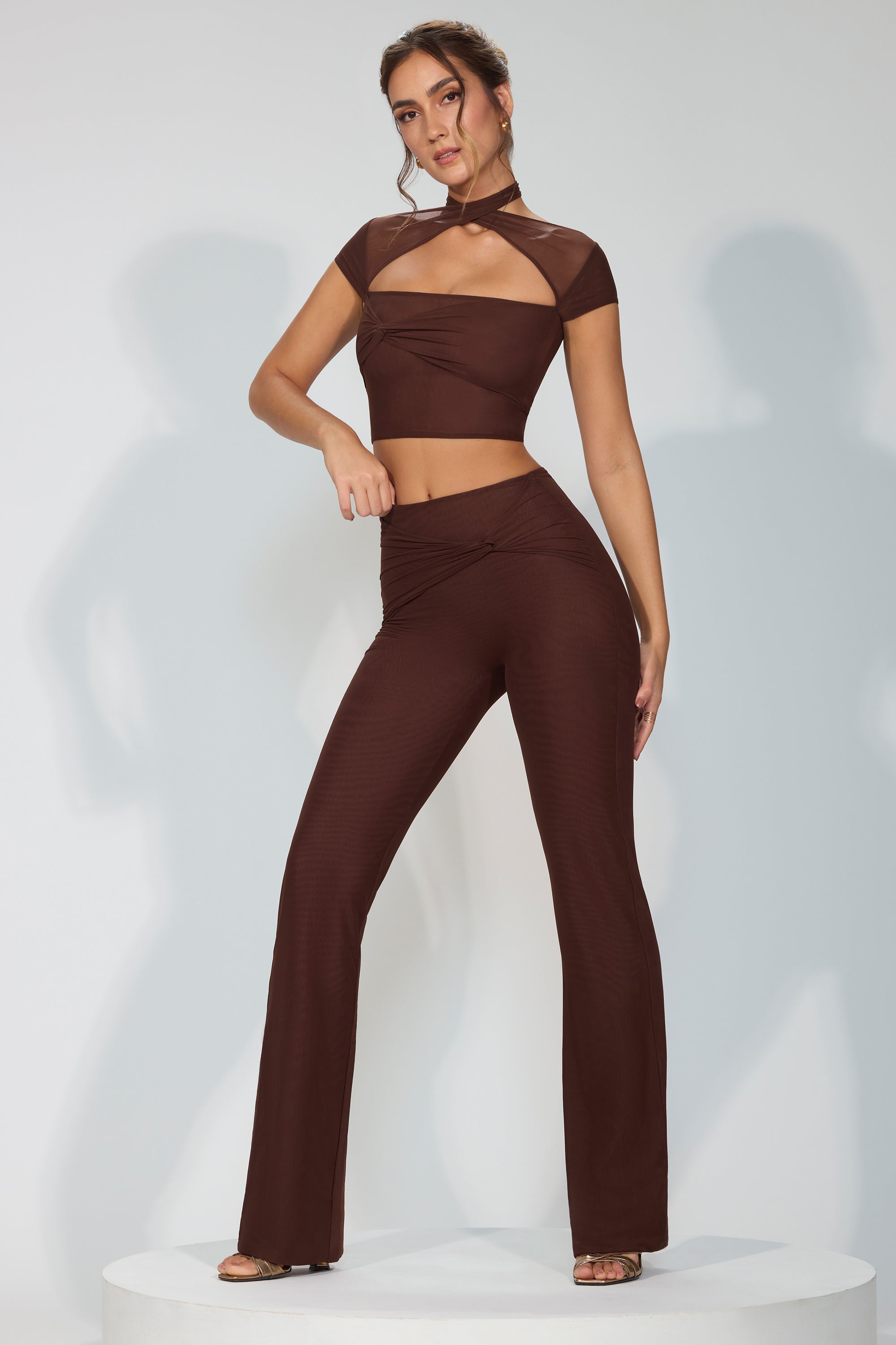 Ridley Mesh Mid Rise Twist Overlay Flare Trousers in Espresso | Oh Polly