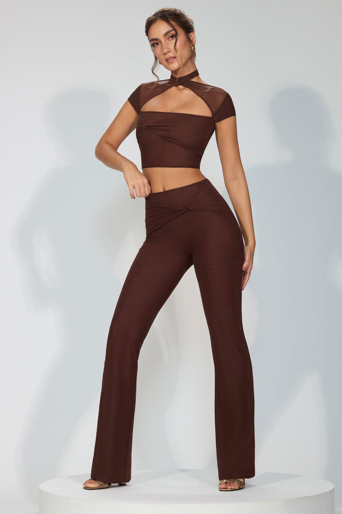 Mesh Mid Rise Twist Overlay Flare Trousers in Espresso