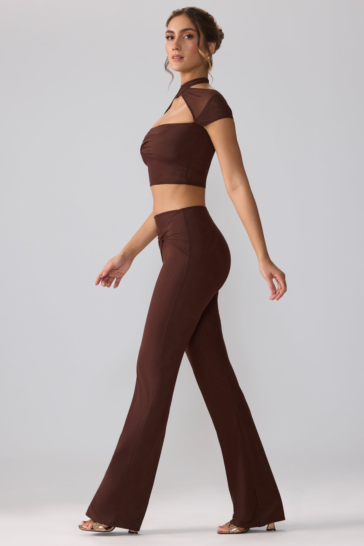 Tall Mesh Mid Rise Twist Overlay Flare Trousers in Espresso