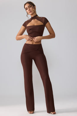 Mesh Mid Rise Twist Overlay Flare Trousers in Espresso