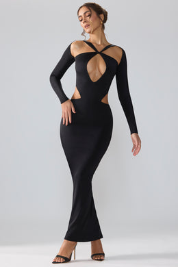 Premium Jersey Long Sleeve Cut Out Maxi Dress in Black