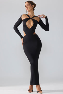 Sukienka maxi z długim rękawem i wycięciem w kolorze czarnym