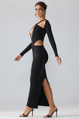 Sukienka maxi z długim rękawem i wycięciem w kolorze czarnym