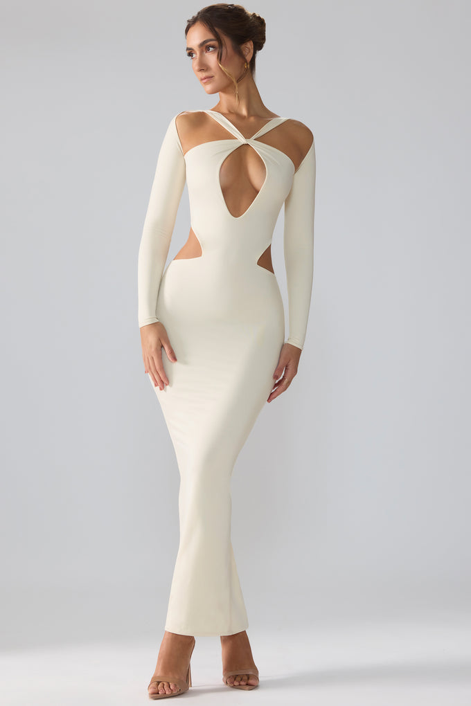 Premium Jersey Long Sleeve Cut Out Maxi Dress in Ivory