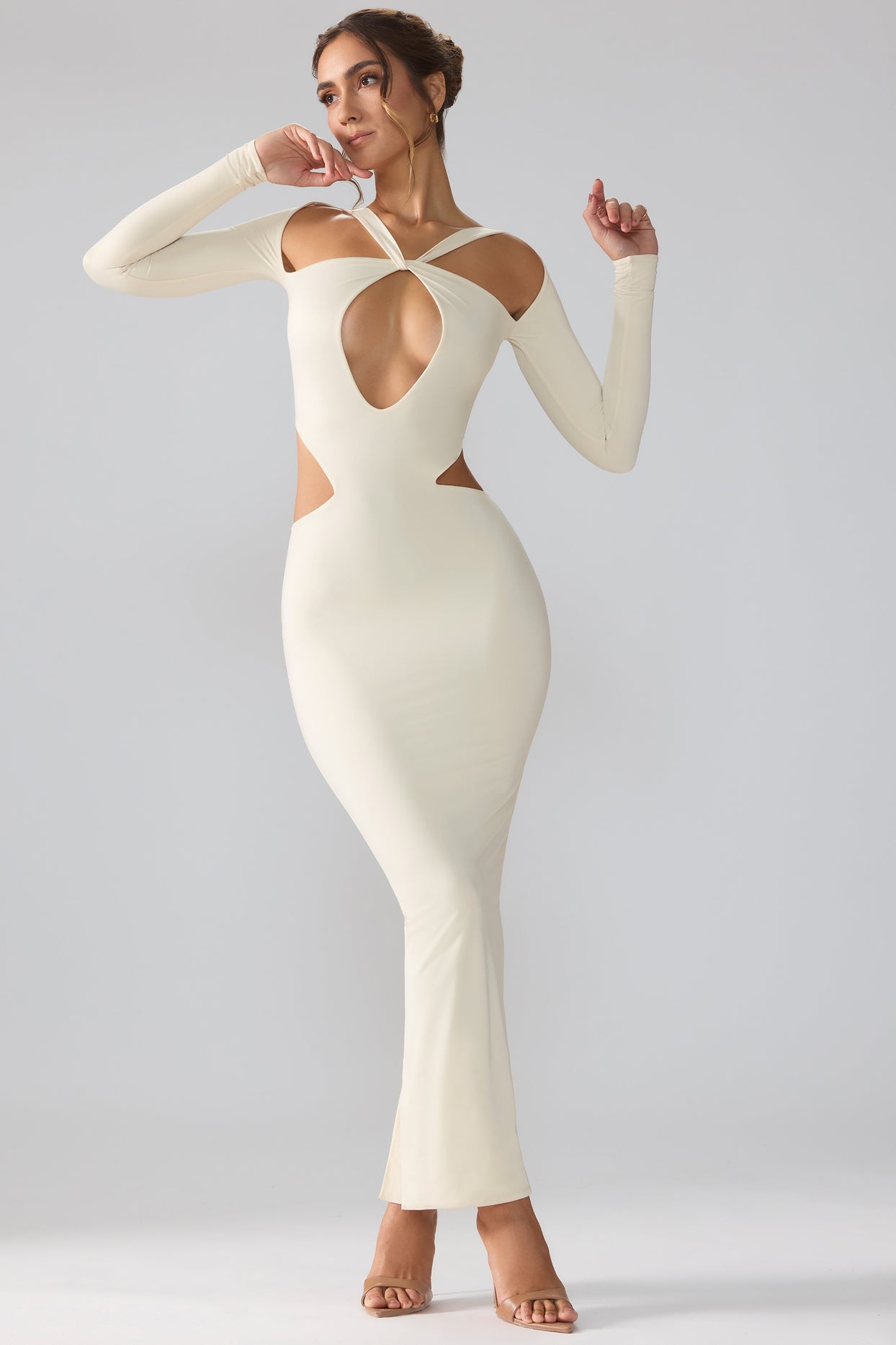 Premium Jersey Long Sleeve Cut Out Maxi Dress in Ivory