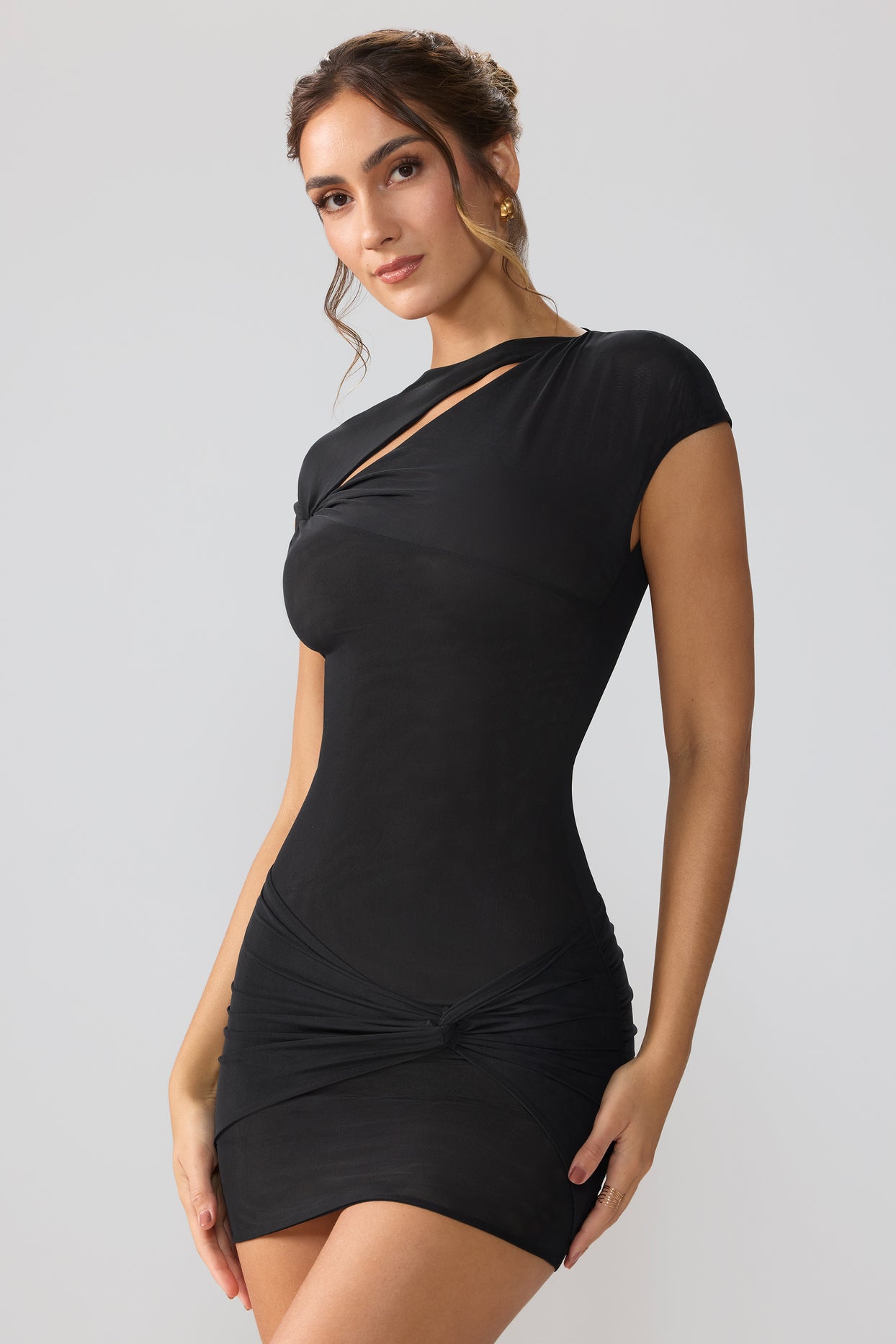 Mesh Cap Sleeve Cut Out Mini Dress in Black