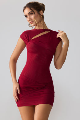 Mesh Cap Sleeve Cut Out Mini Dress in Ruby